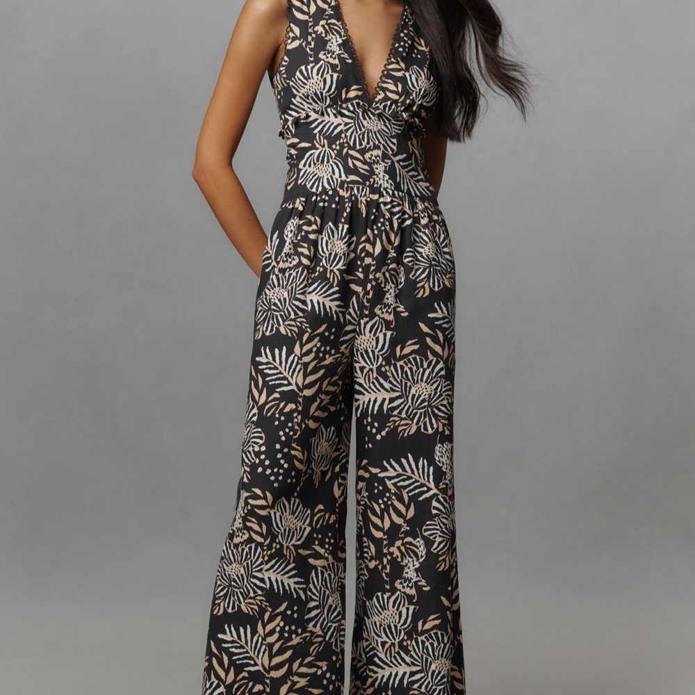 FARM Rio Black Floral Wide-Leg Jumpsuit with Cream and Tan Print
